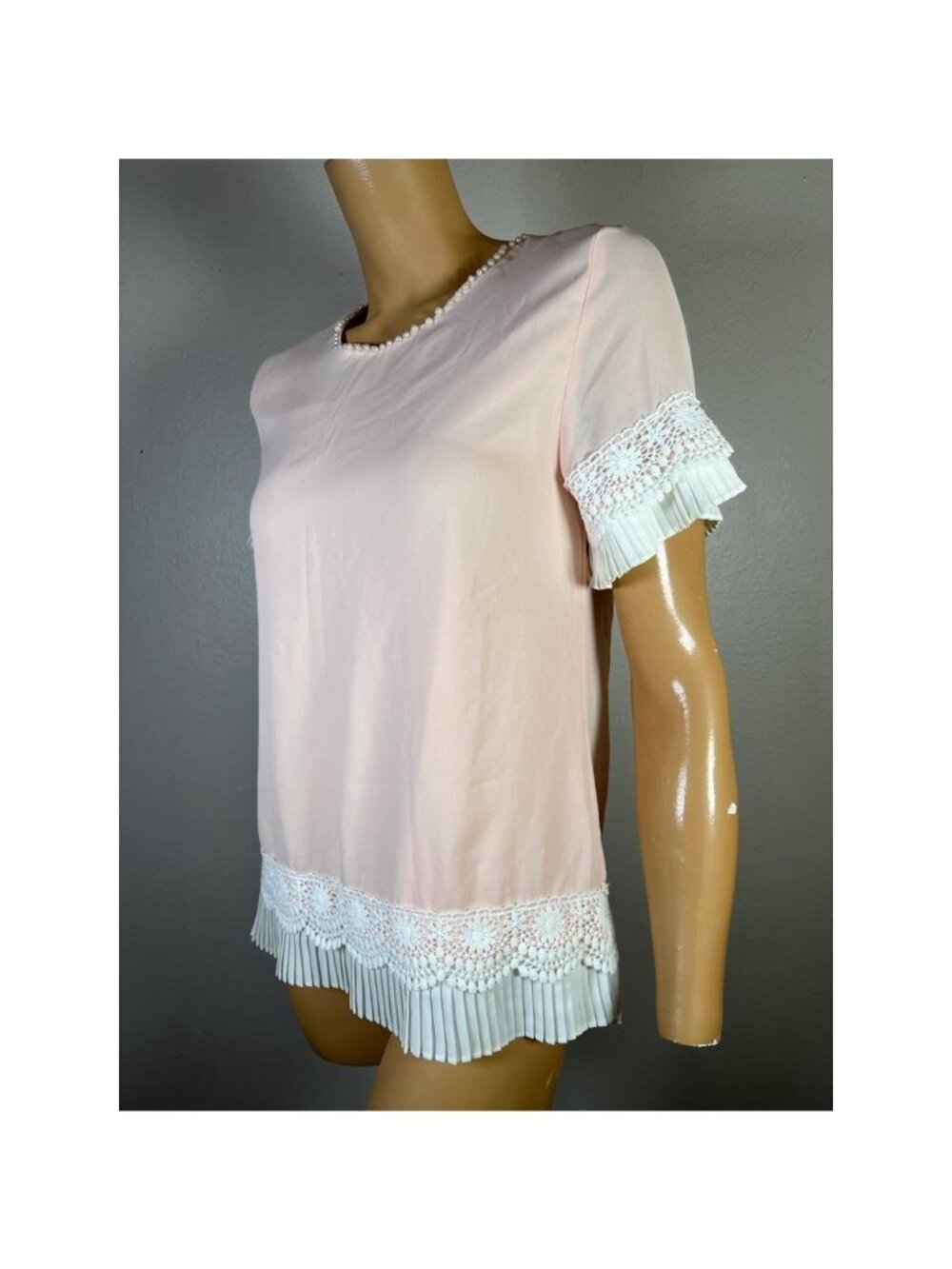 Vintage 1950s Womens Joni Blouse Xs Pink Baby Doll Short Sleeve Pleated Crochet - Picture 3 of 7